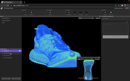 (CT-Scan eines Laufschuhs in der Voyager-Software. Bildquelle: Lumafield)