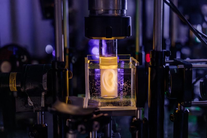 Holographic projection of a model of a human ear.(Source:  Adrien Buttier/EPFL)