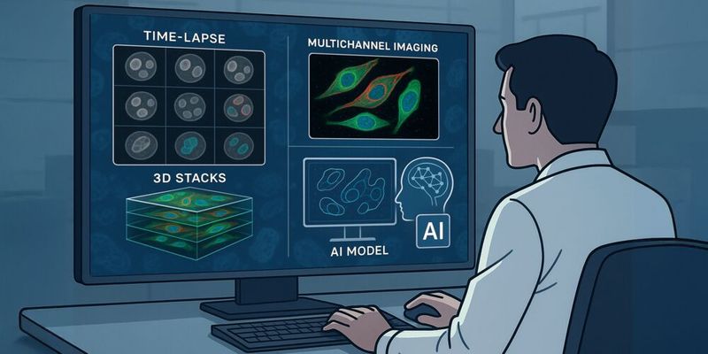 Fig. 1: Hoy en día, los microscopios de alta resolución generan en poco tiempo enormes cantidades de datos: secuencias a cámara rápida, imágenes multicanal y pilas 3D. Un nuevo enfoque demuestra que basta con dos imágenes microscópicas seleccionadas de forma específica para mejorar notablemente el análisis digital de imágenes mediante modelos de IA preentrenados. (Imagen ilustrativa)(Imagen: GPT Image Editor / Generado por IA)