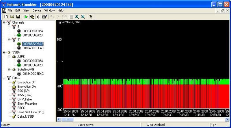 Markiert man ein Netzwerk, zeigt NetStumbler den Störabstand. (Archiv: Vogel Business Media)