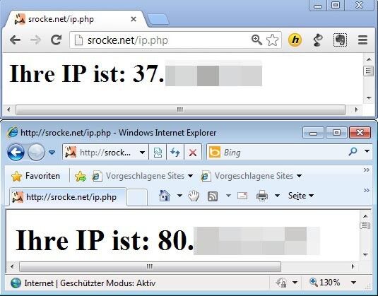 Ein Rechner, zwei WAN-IPs: Während Chrome (oben) per Satellit auf das Internet zugreift, nutzt der Explorer (unten) eine Verbinung per Mobilfunk. (Abb. 3) (Bild: Eigener Screenshot)
