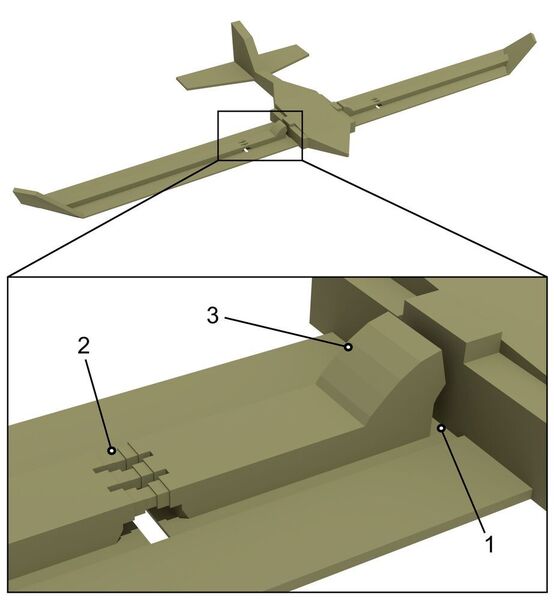 Die Kieler Wissenschaftler wendeten die Strategien der Insekten auch auf ein Flugzeugmodell an (1) flexible Gelenke (2) Abknickbereiche und (3) mechanische Stopper. (Ali Khaheshi)