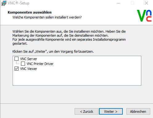 Auch bei der Installation von RealVNC können Administratoren auswählen, ob der Serverteil und/oder auch der Client installiert werden soll(en). Mit dem RealVNC-Client können Organisatoren auch auf einen Server mit dem UltraVNC-Server zugreifen und umgekehrt. (Bild: Joos)