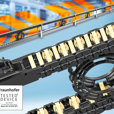 Die C6 Energiekette in Kombination mit dem neuen Obertrumführungsrad ermöglicht eine zuverlässige Energie- und Datenversorgung bei minimaler Partikelemission auf Verfahrwegen bis zu 30 Meter.  (Bild: igus)