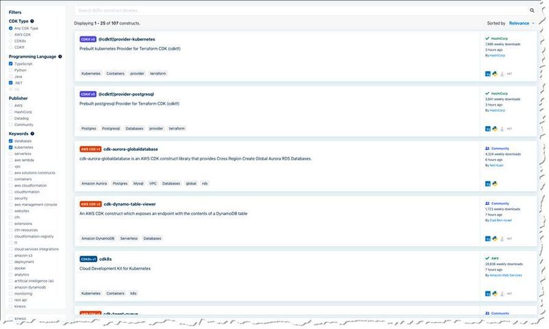 Im Construct Hub ist es durch es durch gefilterte Suche leicht, CDK-Constructs zu finden, so etwa .NET- und TypeScript-Bibliotheken, die sich auf Datenbanken und Kubernetes in allen CDKs beziehen. (AWS Deutschland)
