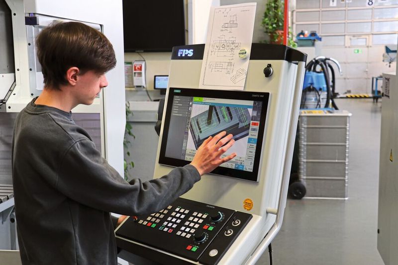 Den Zerspanungsvorgang des fertigen CNC-Programms betrachtet der Auszubildende als Bildschirmsimulation. Dabei kann er wie am Smartphone mit zwei Fingern zoomen, um sich Details anzusehe (Bild: FPS Werkzeugmaschinen)
