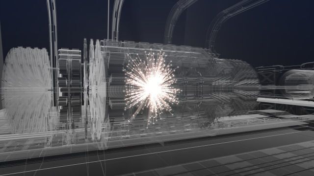 Artistic impression of a collision event at the centre of a future detector following preliminary design studies.  (Cern)