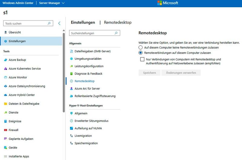 Im Windows Admin Center kann man auch den Remotedesktop für einzelne Server aktivieren.  (Bild: Joos | Microsoft)