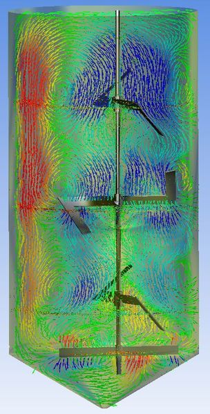 Stelzer ALPHA- Rührer als Zwangsfördersystem. 4 stufige Anordnung mit Bodenrührer d2/d1 >0.9. Viskosität in der CFD Darstellung: 250000mPas (SPX)
