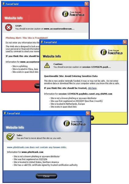 ForceField stellt seine Informationen über angesurfte Webseiten in einer übersichtlichen Farbcodierung dar: Rot (Gefahr), Gelb (Warnung) und Blau (Sicher). (Archiv: Vogel Business Media)