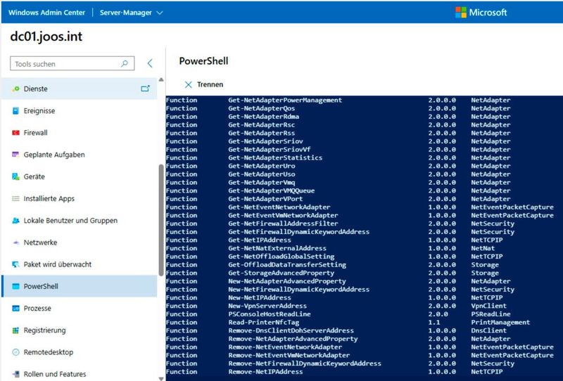 Active Directory lässt sich auch über eine PowerShell-Sitzung im Windows Admin Center verwalten.  (Bild: Joos)