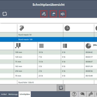 Blick auf die Materialbibliothek und die Schnittpläne. Diese verkürzen laut Kasto Rüstzeiten und ermöglichen die automatisierte Abarbeitung wiederkehrender Aufträge. (Bild: Kasto)