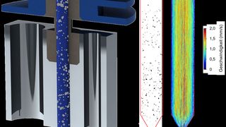 Sectional view of the molten, tungsten-loaded plastic in the melt channel (schematic, left). On the right, the actually calculated trajectories of the segmented particles at a feed rate of 1.5 mm/s. (Image:IKT Stuttgart)