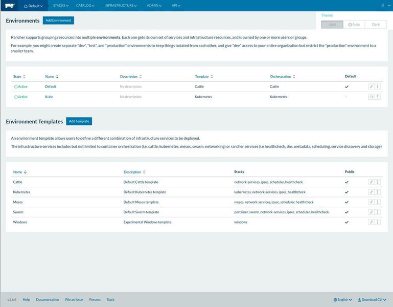 Der Screenshot zeigt die Verwaltung unterschiedlicher Umgebungen in Rancher. Hier wird auch deutlich, dass sich für die unterschiedlichen Umgebungen unterschiedliche Orchestrierungswerkzeuge verwenden lassen. Über die Templates (siehe unten) können schnell entsprechende Umgebungen, basierend auf unterschiedlichen Orchestrierungen, erzeugt werden. Diese Umgebungen können auch direkt mit Stacks von Standard-Containern für bestimmte Dienste gefüllt werden. (Gonicus)