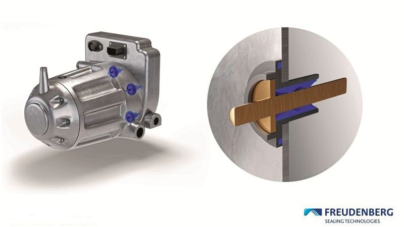 Hier sieht man links einen Kältemittel- oder Klimakompressor für „Low Voltage“-Anwendungen. Rechts blickt man auf das Detail einer Busbarabdichtung für einen typischen Hochdruckeinsatz. (Bild: Freudenberg Sealing Technologies)
