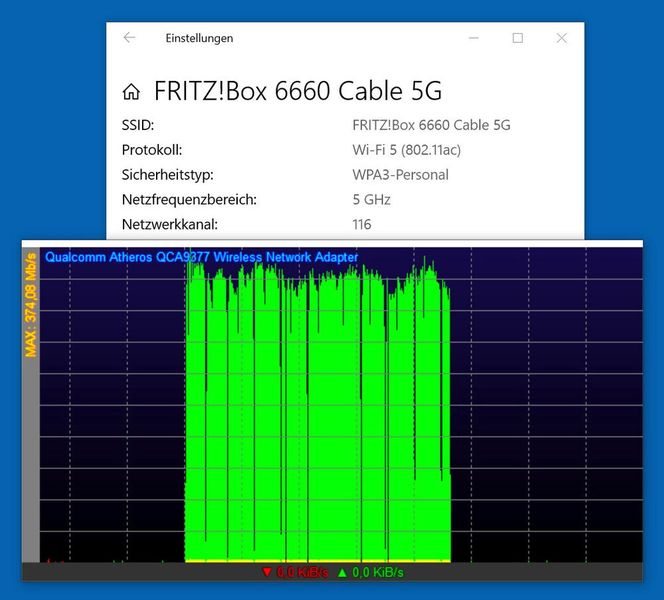 Abbildung 28: Upload vom kleinen 11ac-Asus-Laptop über die AVM FRITZ!Box 6660 Cable auf den NAS-Speicher im 5 GHz-Band: Spitzen bis 374 Mbps. Durchschnitt um die 330 Mbps. Auch diese Ergebnisse sind gut, und passen zu den theoretischen Erwartungen. (Bild: Harald Karcher)