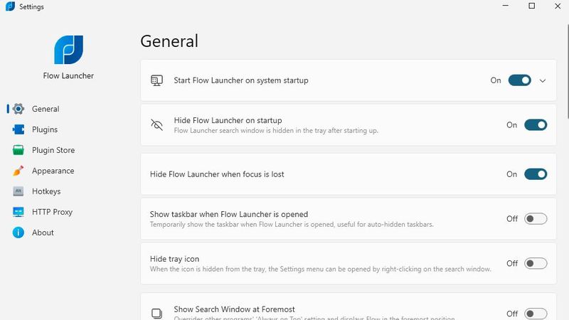 Die Einstellungen von Flow Launcher zeigen zentrale Steueroptionen für Startverhalten, Fensterfokus und Position der Suchoberfläche innerhalb der Windows-Session.(Bild:  Joos – Flow Launcher)