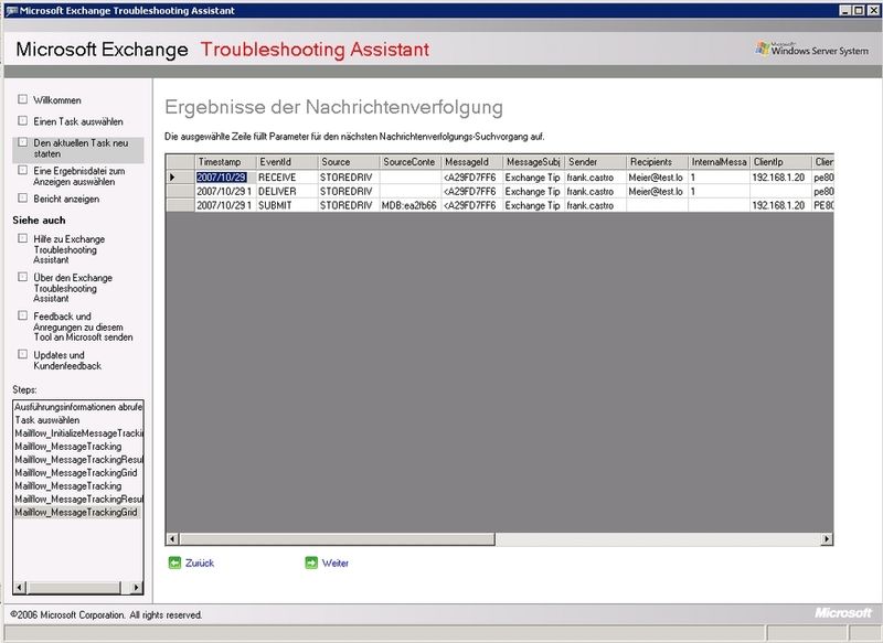 Abbildung 4: In den Ergebnissen findet man die EventID, die das Ereignis charakterisiert. Neben Sender und Empfänger kann genau herausgelesen werden, wie der Mailtransport durchgeführt worden ist. (Archiv: Vogel Business Media)