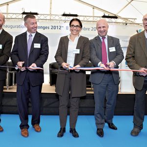 Ribbon-Cutting Ceremony (from left to right): Patrick Lermusiaux (Silica Global Operations Director), Tom Benner (Silica President), Sabine Gouvernel (Collonges Site Director), Pascal Juéry (Executive Vice President Rhodia) and Michel Reppelin (Mayor of Collonges)