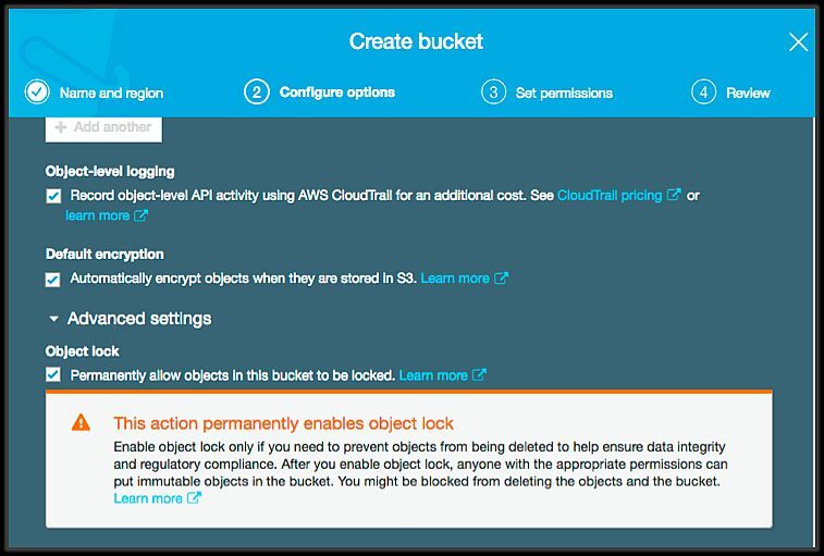 In diesem Bildschirm wird das Leistungsmerkmal Object Lock in den erweiterten Einstellungen von Amazon S3 aktiviert. (Bild: Cohesity)