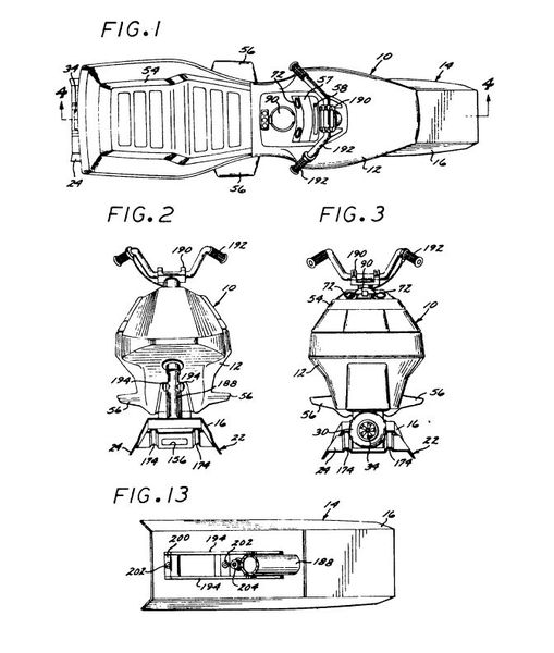 Hier eine Zeichnung aus dem Patent DE2539315C3 für ein „motorradähnliches Wassergleitfahrzeug“ aus dem Jahr 1978. (Bild: DPMA)