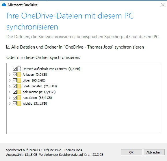 In den Einstellungen des OneDrive-Clients wird festgelegt, welche Verzeichnisse aus der Cloud synchronisiert werden sollen. (Th. Joos)