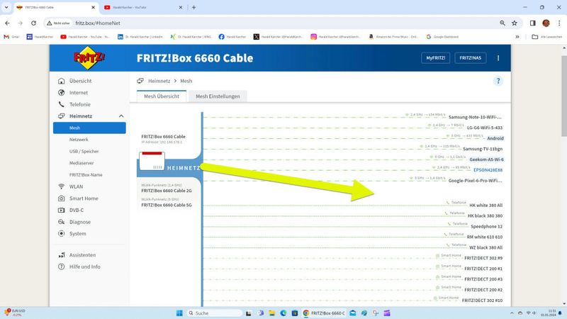 Hier hat sich das Telekom Glasfaser-Modem schon wieder aus der Heimnetz-Übersichts-Grafik der Fritzbox 6660 Cable verabschiedet. (Bild: Harald Karcher)