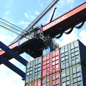 Krankatze über einem Container am Burchardkai: Im Jahr 2006 wuchs der Containerumschlag am HHLA Container Terminal Burchardkai (CTB) um 16,1% – innerhalb der nächsten zehn Jahre ist eine Erweiterung der Umschlagkapazitäten um 50% geplant.