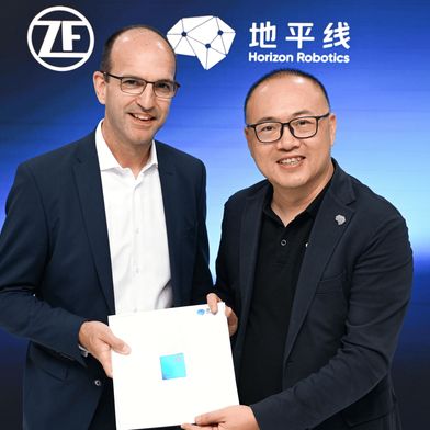 ZF and Horizon Robotics announced a collaboration to launch an advanced driver assistance system (ADAS) for the Chinese market supporting up to SAE Level 3 of automated driving and China’s urban “Navigation on Autopilot” (NOA). Pictured: Dr. Christian Brenneke, head of ZF’s Electronics & ADAS division, and Dr. Yu Kai, Founder & CEO of Horizon Robotics. (Image: ZF)