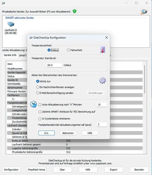 Bei Problemen kann DiskCheckup Anwender und Administratoren per E-Mail oder Nachrichtenfenster informieren. (Bild: Joos – PassMark Software)
