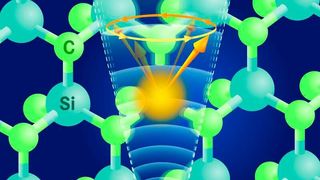Quantencomputing! Ein Farbzentrum im Halbleiterwerkstoff Siliziumkarbid ist durch Schall steuerbar. Die Quanteninformation ist als definierte Richtung des Spins der im Farbzentrum gefangenen Elektronen gespeichert – hier dargestellt durch einen Pfeil. Forscher am Helmholtz-Zentrum Dresden-Rossendorf (HZDR) untersuchen so etwas. (HZDR/Blaurock)