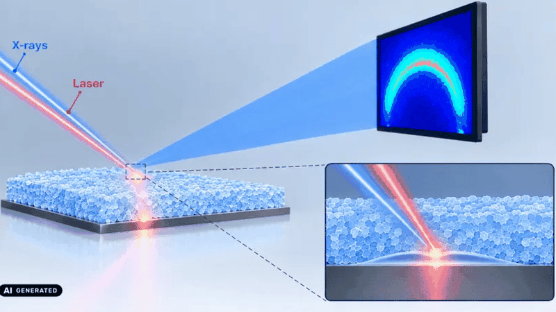 Mittels Röntgenlaser untersuchten Forscher die Oberflächenerhitzung von Eis im Bereich weniger Nanosekunden.(Bild:  MPIP Mainz / KI-generiert)