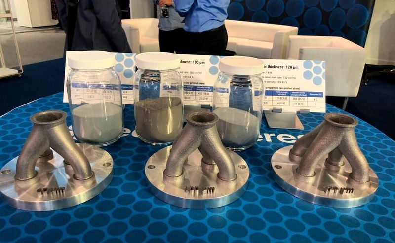 Der kanadische Metallpulver-Hersteller Equispheres präsentierte sein neues, nicht-expansives Ausgangsmaterial aus Aluminiumlegierungen. Das staubfreie Pulver sei einfach von Oberflächen zu entfernen und würde wie Wasser fließen.  (Bild: J.Hoher / VCG)