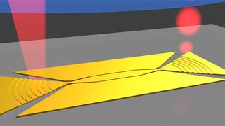 Schematische Darstellung des metallischen Modulators: Links trifft ein kontinuierlicher Lichtstahl auf ein metallisches Gitter und wird dort gebrochen, rechts verlässt ein optischer Datenpuls das Bauteil. (ETH Zürich)