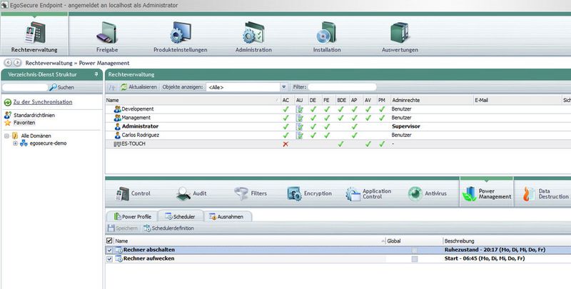 Es ist möglich für PCs Einschalt- und Ausschaltzeiten zu definieren. So lassen sich Rechner für ein Update oder einen Virenscan bspw. Nachts aufwecken und danach wieder abschalten. (Bild: EgoSecure)