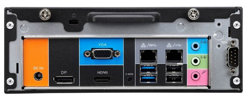 Von außen betrachtet, reihen sich, verteilt auf Front- und Rückseite, 4 × USB 3.0, 4 × USB 2.0, 1 × RS-232, Audio, 2 × Intel Gigabit Ethernet, HDMI, Display-Port und VGA aneinander. (Shuttle)
