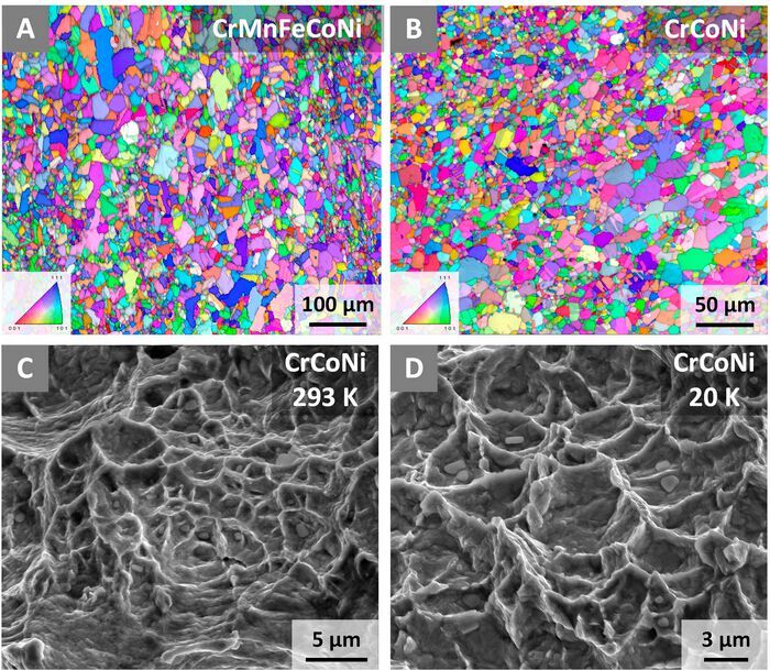Microscopy-generated images showing the path of a fracture and accompanying crystal structure deformation in the CrCoNi alloy at nanometer scale during stress testing at 20 kelvin (-424 F). The fracture is propagating from left to right.