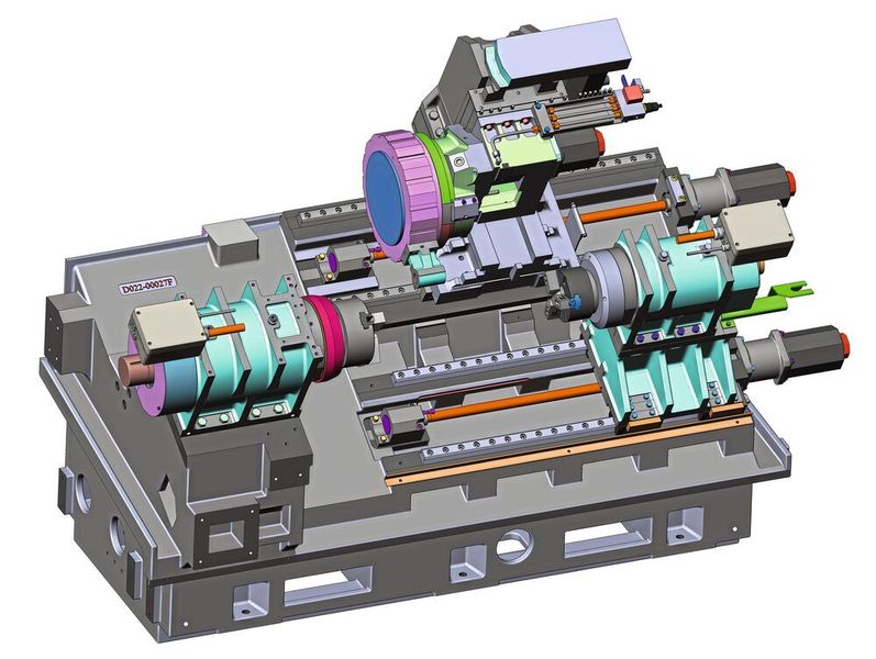 Das Maschinenbett aus Guss und nochmals verstärkter Struktur bietet erhöhte Steifigkeit und Dämpfung von Vibrationen. Im Bild mit Servo-gesteuerten Gegenspindel in der B-Achse. (Biglia)