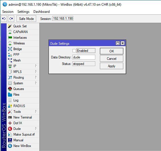 Aktivieren des Dude-Servers in den Einstellungen von RouterOS mit dem Tool „Winbox“. (Bild: Joos / MikroTik)