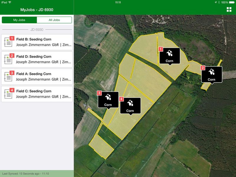 FarmSight MyJobs: Die MyJobConnect-Anwendung ermöglicht den Austausch von Arbeitsaufträgen auf mobilen Endgeräten zwischen Betriebsleiter und Fahrern. (Bild: John Deere)