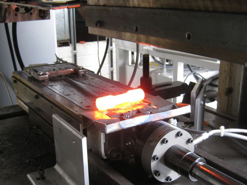 Blick in den Querkeilwalzapparat am IPH: Im Forschungsprojekt „CoVaForm“ soll eine ähnliche Maschine konstruiert und gebaut werden, die speziell für Hüftimplantate aus Titan ausgelegt wird. (Bild: IPH)