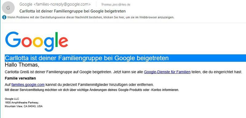 Der Familienadministrator erhält eine E-Mail, wenn Benutzer eingeladen wurden, und den Status der Einladung. (Google)