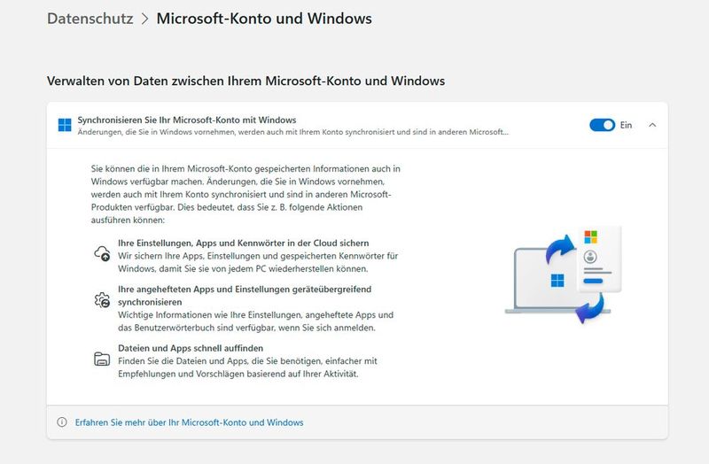 Die Synchronisation zwischen Windows und Microsoft-Konto zeigt, welche Einstellungen und Daten geräteübergreifend gespeichert und abgeglichen werden. (Bild: Joos)