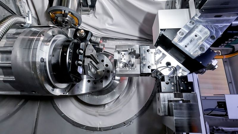 Automatisierte Effizienz beim Open House von Chiron: Die Micro 5 XL beim reibungslosen Wechsel von Fertig- und Rohteil im Arbeitsraum. (Bild: Chiron)
