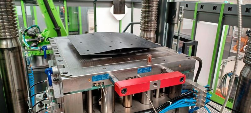So sieht es aus, wenn die aufgewärmten Organobleche für das Leichtbau-Sandwich-Teil vom Robotergreifer ins Spritzgießwerkzeug platziert werden. Die Spritzgießmaschine selbst stammt von Engel Austria. (Bild: Fraunhofer IMWS)