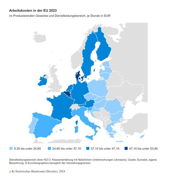 Die geschätzten Arbeitskosten im Jahr 2023 im EU-Vergleich grafisch veranschaulicht. (Bild: Destatis)