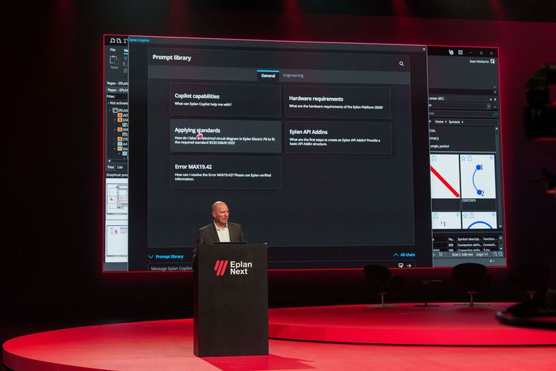 Premiere hatte der Eplan Copilot in der Cloud, der als KI ins Engineering einzieht und live auf der Mainstage präsentiert wurde.  (Bild: Jasper Ehrich/Eplan)