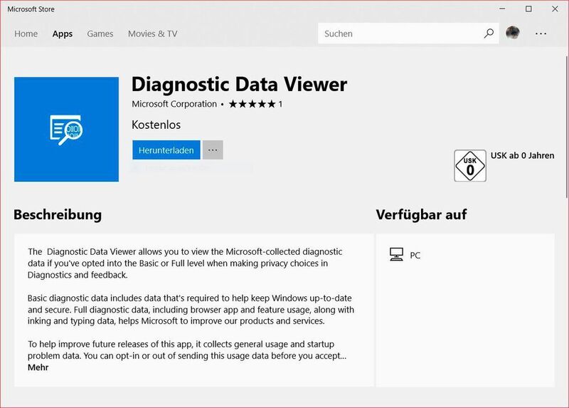 Der Diagnostic Data Viewer für die Anzeige der Diagnosedaten wird über den Windows-10-Store heruntergeladen und installiert. (Vogel IT-Medien)