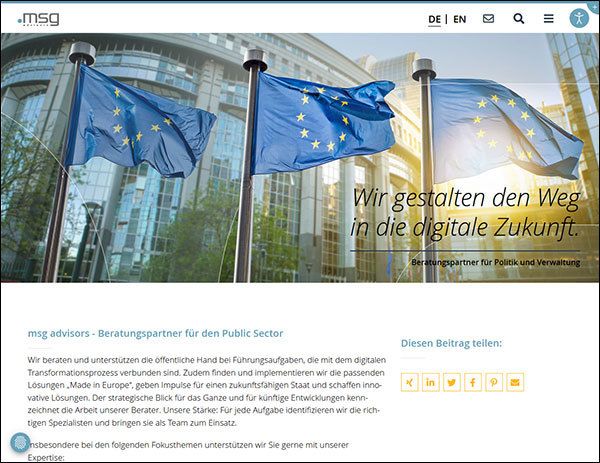 Wir beraten und unterstützen die öffentliche Hand bei Führungsaufgaben, die mit dem digitalen Transformationsprozess verbunden sind. Zudem finden und implementieren wir die passenden Lösungen „Made in Europe“, geben Impulse für einen zukunftsfähigen Staat und schaffen innovative Lösungen. Der strategische Blick für das Ganze und für künftige Entwicklungen kennzeichnet die Arbeit unserer Berater. Unsere Stärke: Für jede Aufgabe identifizieren wir die richtigen Spezialisten und bringen sie als Team zum Einsatz. (msg systems ag)