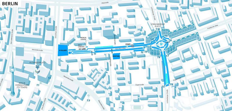 Neuer Streckenverlauf bei der Formel e Berlin: Diesmal zieht er sich um den Strausberger Platz herum in Richtung Alexanderplatz mit Boxengasse auf der Karl-Marx-Allee. (Emo)